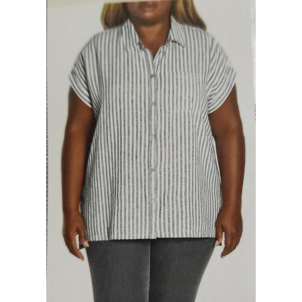 Orvis Button Up Short Sleeve Shirt Blue/White Stripe Linen Blend Womens Size XXL